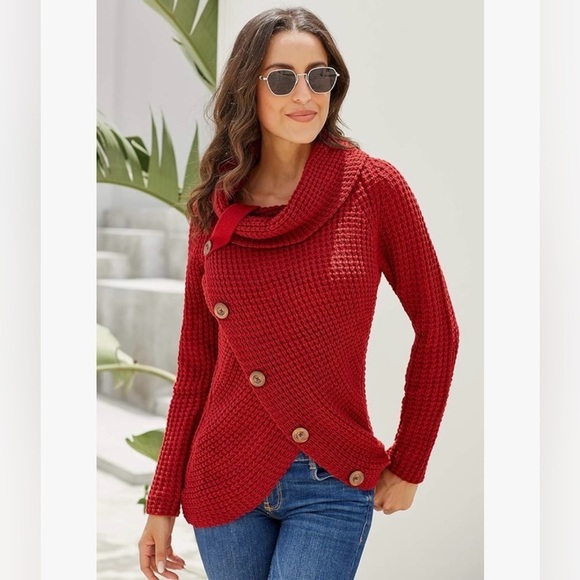 New Asymmetrical Button Cowl Neck Chunky Knit Red Sweater Soft Cozy Casual Small - Picture 3 of 9